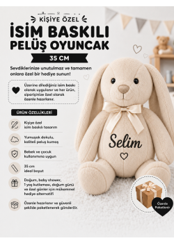Kişiye özel isim baskılı bej peluş tavşan uyku arkadaşı