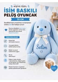 Kişiye özel isim baskılı mavi peluş tavşan uyku arkadaşı